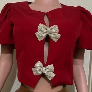 Chic Red Blouse with Sparkling Bows